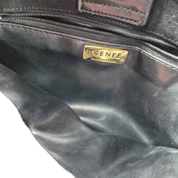 J Renee Black Suede Leather Pink Green Blue Embroidered Floral Handbag Purse - Picture 3 of 3